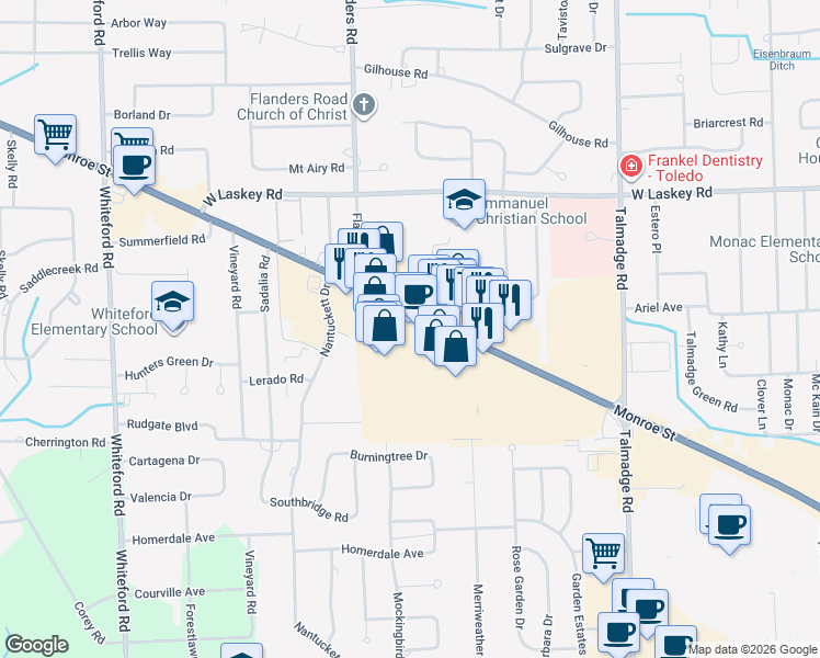 map of restaurants, bars, coffee shops, grocery stores, and more near 5231 Monroe Street in Toledo