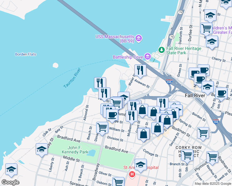 map of restaurants, bars, coffee shops, grocery stores, and more near 25 Firestone Avenue in Fall River
