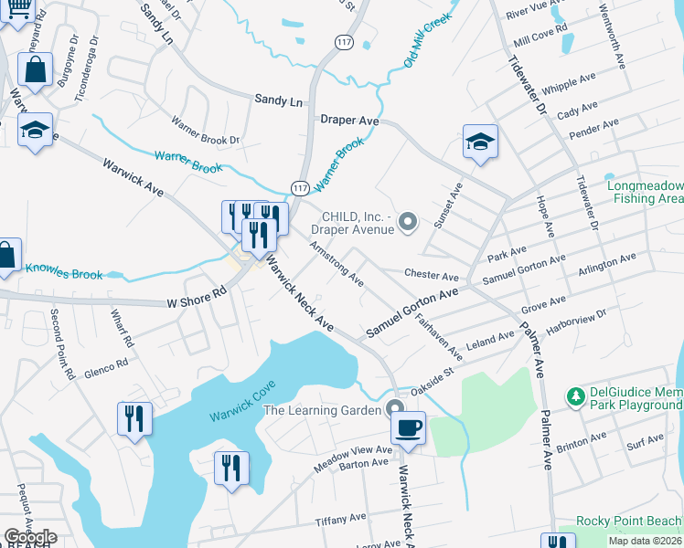 map of restaurants, bars, coffee shops, grocery stores, and more near 191 Armstrong Avenue in Warwick