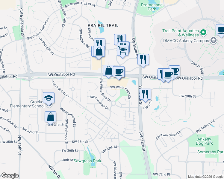 map of restaurants, bars, coffee shops, grocery stores, and more near 1825 Southwest White Birch Circle in Ankeny