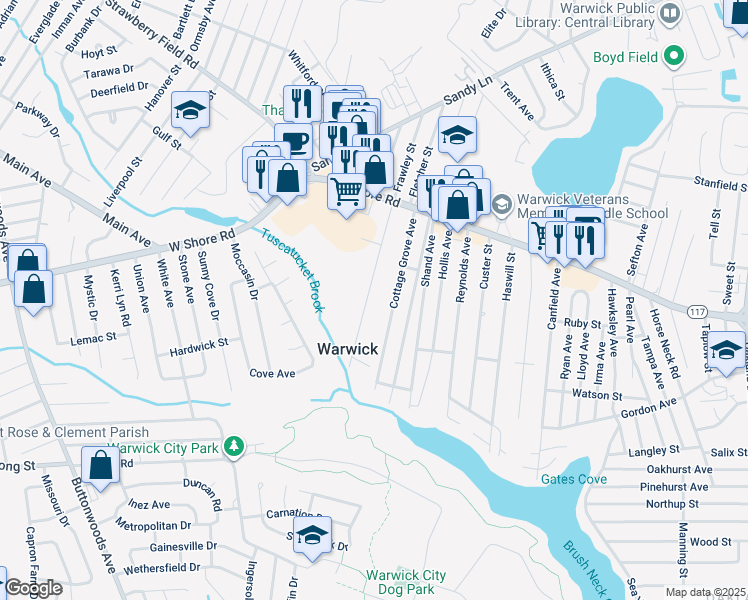 map of restaurants, bars, coffee shops, grocery stores, and more near 112 Spring Grove Avenue in Warwick