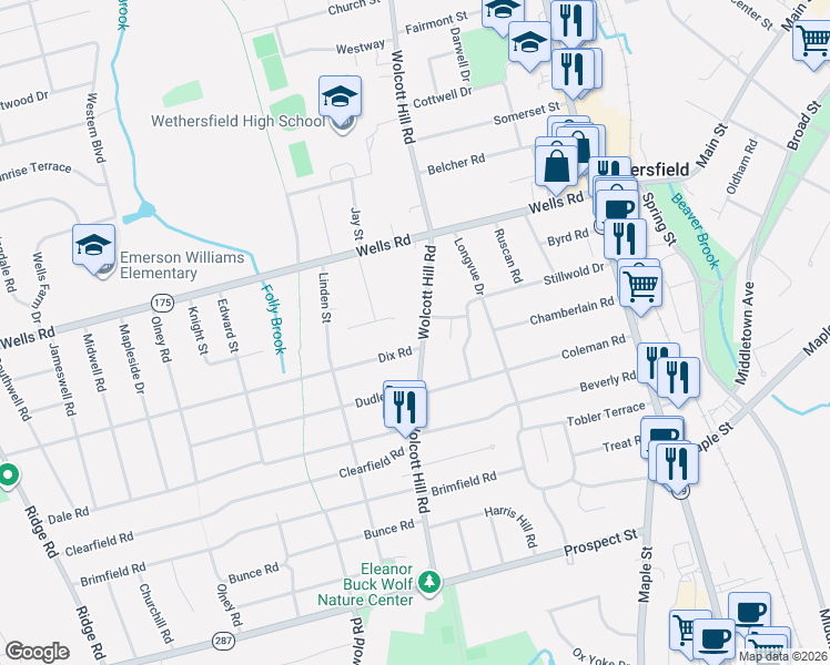 map of restaurants, bars, coffee shops, grocery stores, and more near 40 Bermuda Road in Wethersfield