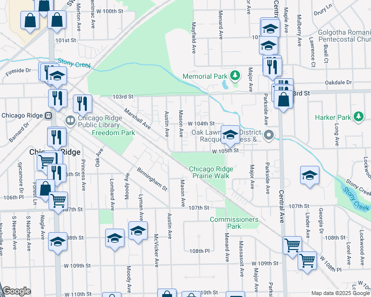 map of restaurants, bars, coffee shops, grocery stores, and more near 10451 Mason Avenue in Oak Lawn