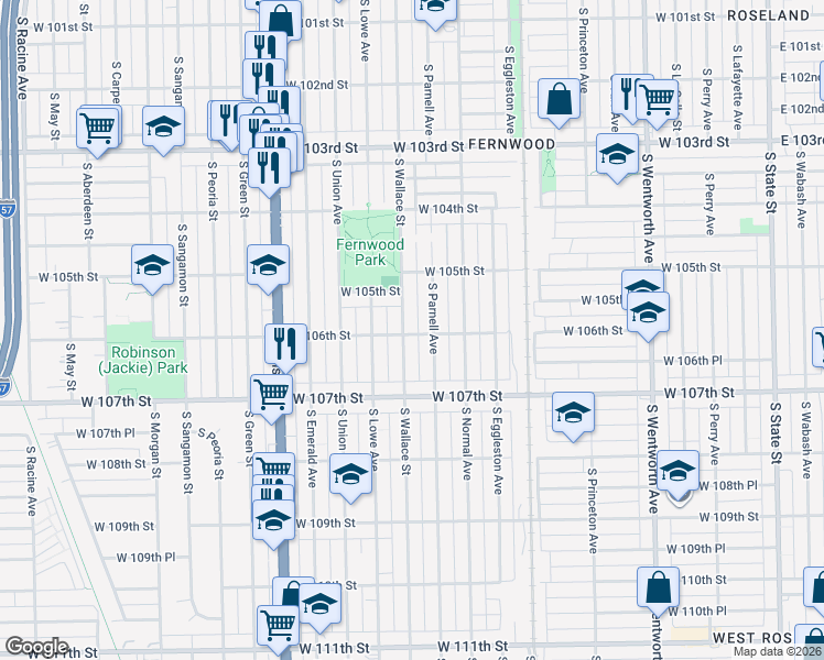 map of restaurants, bars, coffee shops, grocery stores, and more near 10557 South Wallace Street in Chicago
