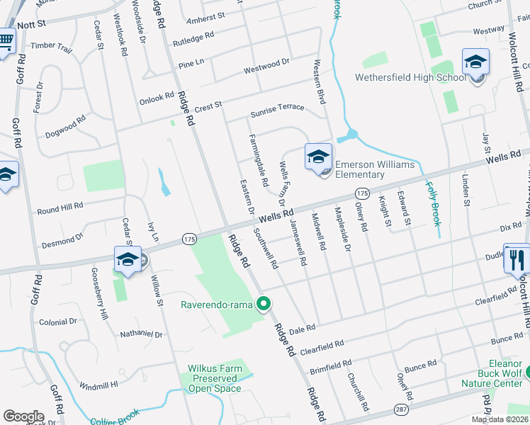 map of restaurants, bars, coffee shops, grocery stores, and more near 543 Wells Road in Wethersfield