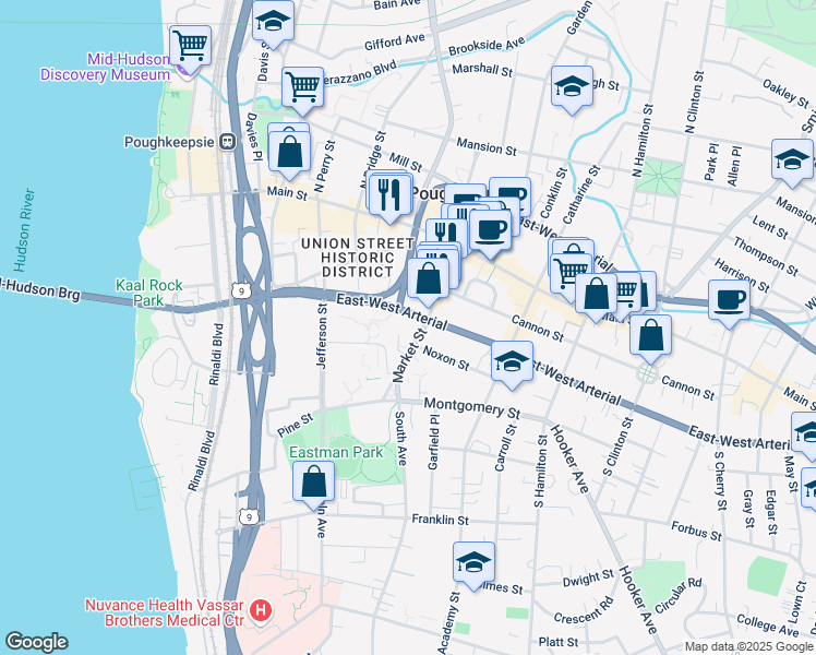 map of restaurants, bars, coffee shops, grocery stores, and more near 72 Market Street in Poughkeepsie