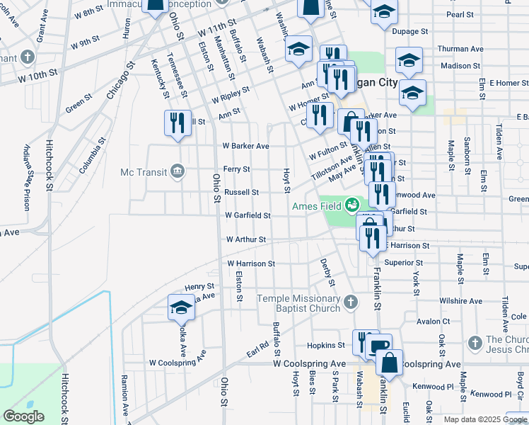 map of restaurants, bars, coffee shops, grocery stores, and more near 601 West Garfield Street in Michigan City
