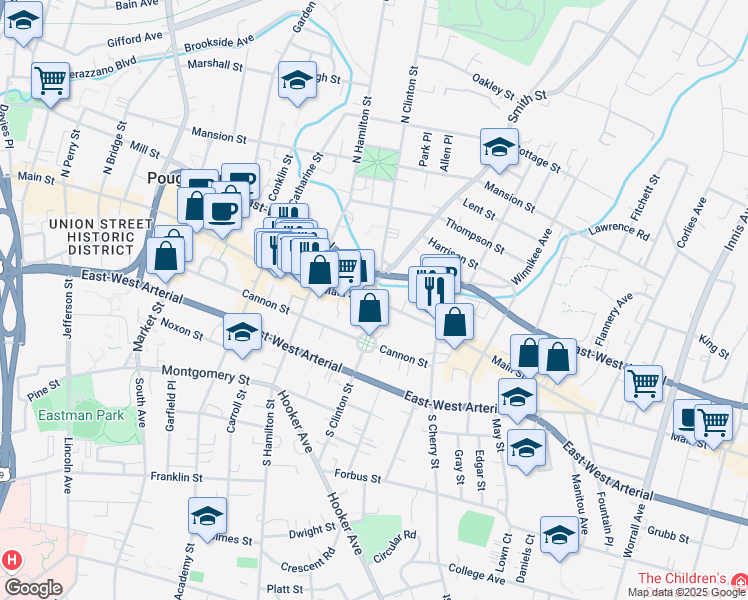 map of restaurants, bars, coffee shops, grocery stores, and more near Main Street & South Clinton Street in Poughkeepsie