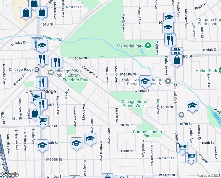map of restaurants, bars, coffee shops, grocery stores, and more near 10445 Austin Avenue in Oak Lawn