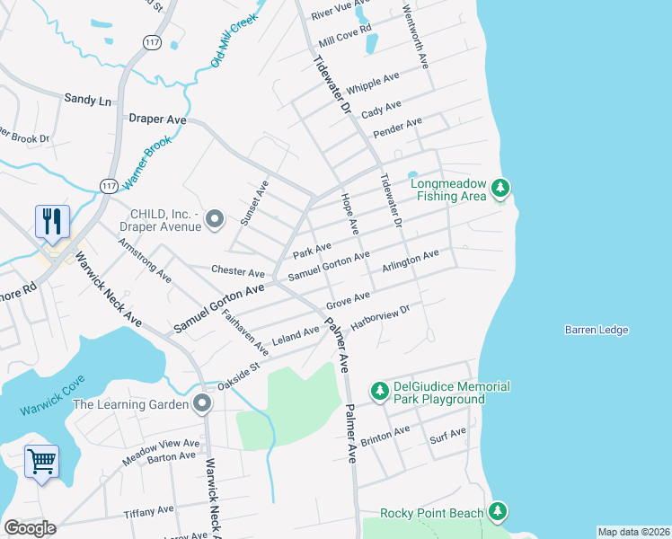 map of restaurants, bars, coffee shops, grocery stores, and more near 250 Samuel Gorton Avenue in Warwick
