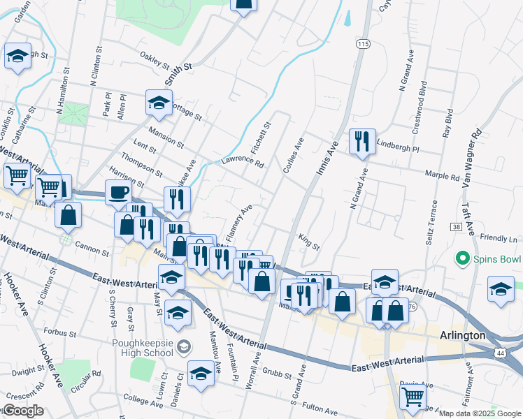 map of restaurants, bars, coffee shops, grocery stores, and more near 52 Corlies Avenue in Poughkeepsie