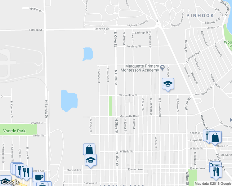 map of restaurants, bars, coffee shops, grocery stores, and more near 1907 North Olive Street in South Bend