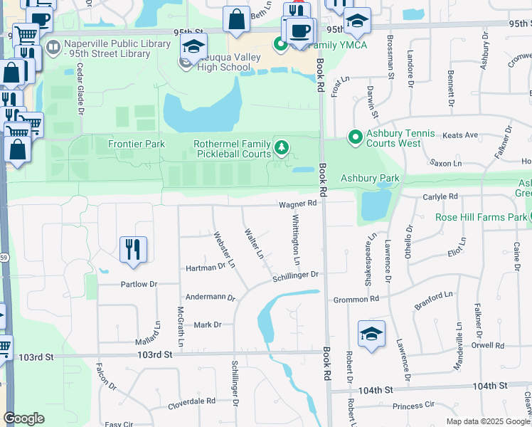 map of restaurants, bars, coffee shops, grocery stores, and more near 29W127 Wagner Road in Naperville