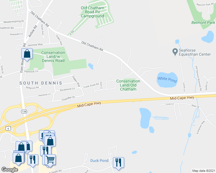 map of restaurants, bars, coffee shops, grocery stores, and more near 78 Cyprus Road in Dennis