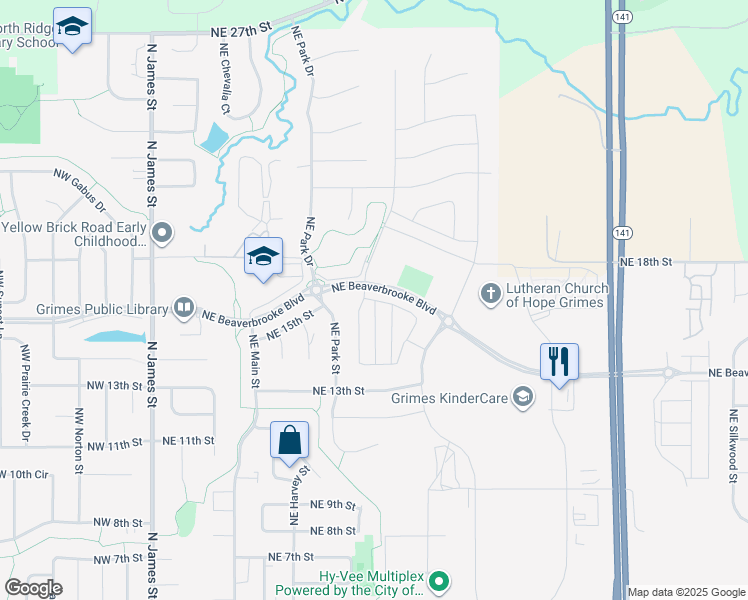 map of restaurants, bars, coffee shops, grocery stores, and more near 907 Northeast 16th Street in Grimes