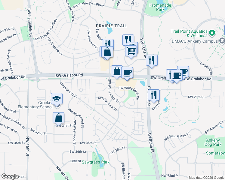 map of restaurants, bars, coffee shops, grocery stores, and more near 1845 Southwest White Birch Circle in Ankeny