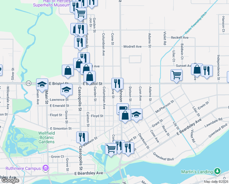 map of restaurants, bars, coffee shops, grocery stores, and more near 1401 Johnson Street in Elkhart