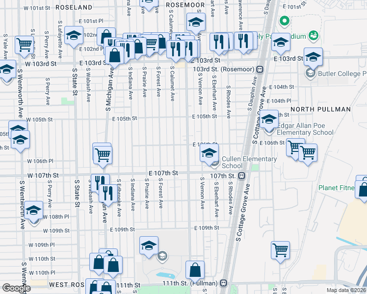 map of restaurants, bars, coffee shops, grocery stores, and more near 10609 South King Drive in Chicago