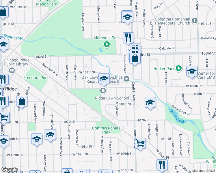 map of restaurants, bars, coffee shops, grocery stores, and more near 10445 Massasoit Avenue in Oak Lawn