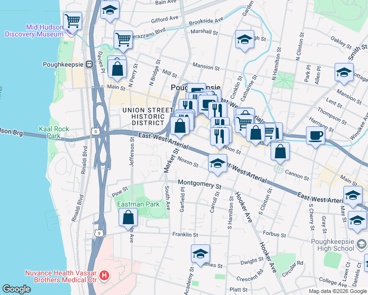 map of restaurants, bars, coffee shops, grocery stores, and more near 170 Church Street in Poughkeepsie