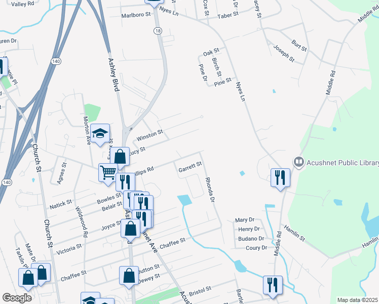 map of restaurants, bars, coffee shops, grocery stores, and more near 843 Phillips Road in New Bedford