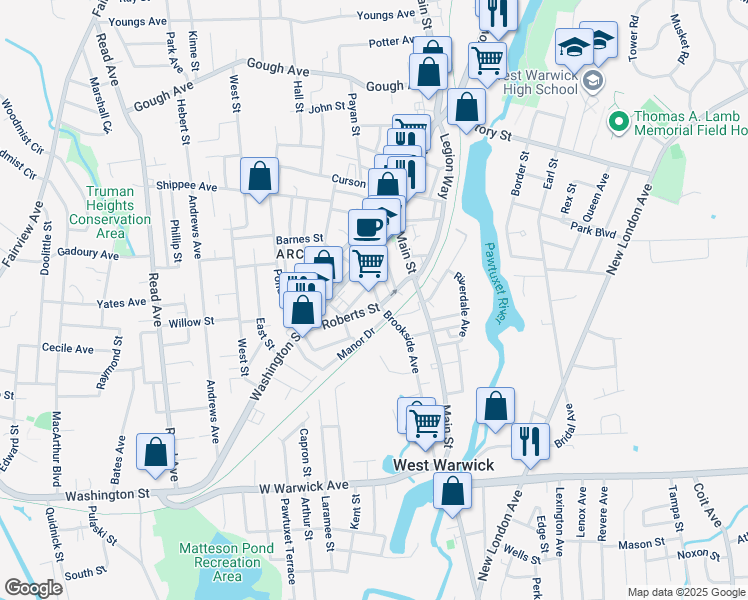 map of restaurants, bars, coffee shops, grocery stores, and more near 28 Roosevelt Street in West Warwick