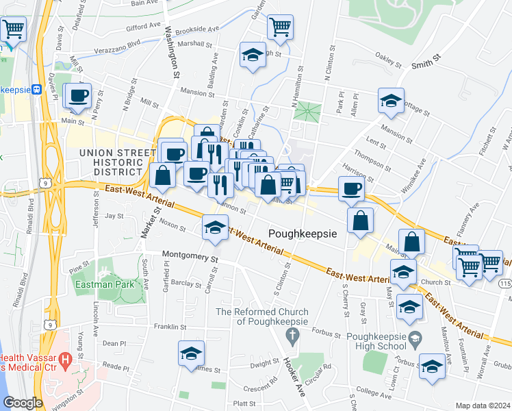 map of restaurants, bars, coffee shops, grocery stores, and more near 105 Cannon Street in Poughkeepsie