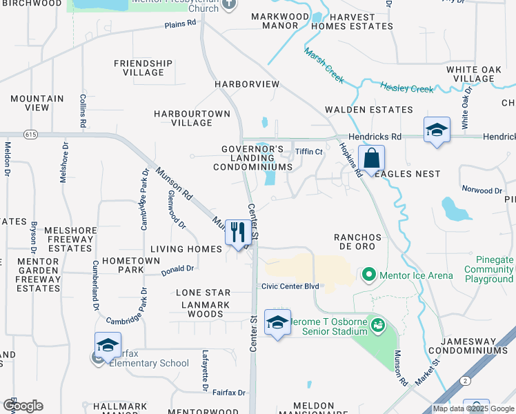 map of restaurants, bars, coffee shops, grocery stores, and more near 6221 Center Street in Mentor