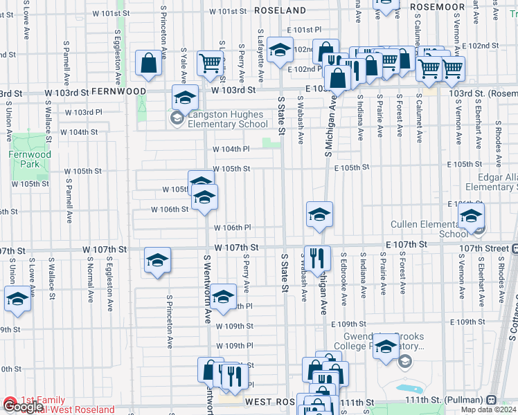 map of restaurants, bars, coffee shops, grocery stores, and more near 10601 South Perry Avenue in Chicago
