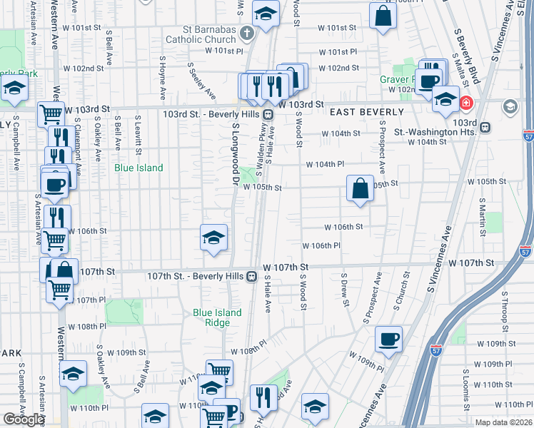 map of restaurants, bars, coffee shops, grocery stores, and more near 10557 South Hale Avenue in Chicago