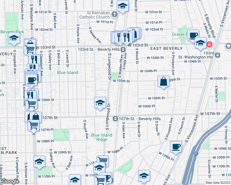 map of restaurants, bars, coffee shops, grocery stores, and more near 10547 South Longwood Drive in Chicago