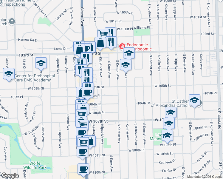 map of restaurants, bars, coffee shops, grocery stores, and more near 4620 105th Place in Oak Lawn