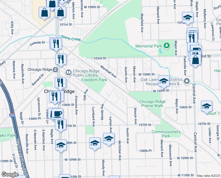 map of restaurants, bars, coffee shops, grocery stores, and more near 10423 Lombard Avenue in Chicago Ridge