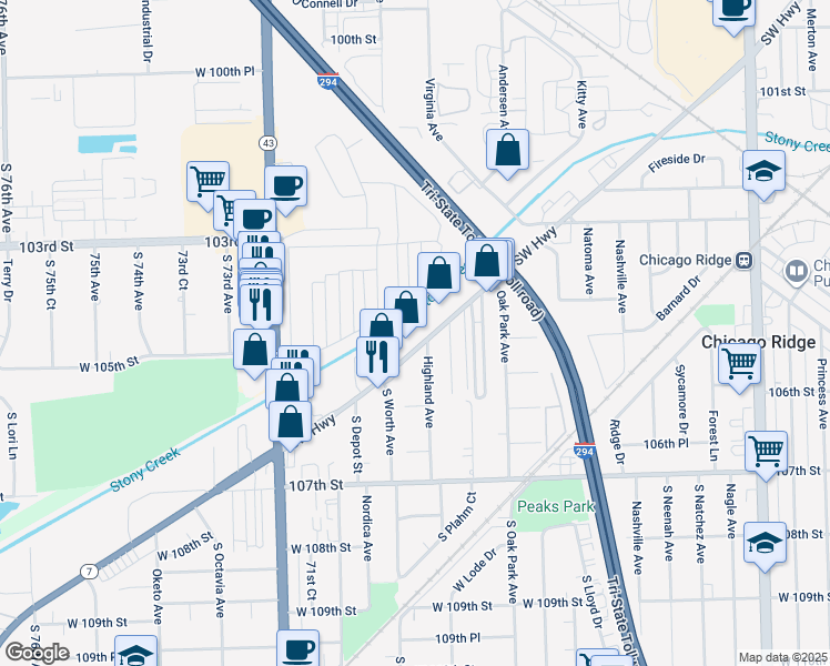 map of restaurants, bars, coffee shops, grocery stores, and more near in Worth