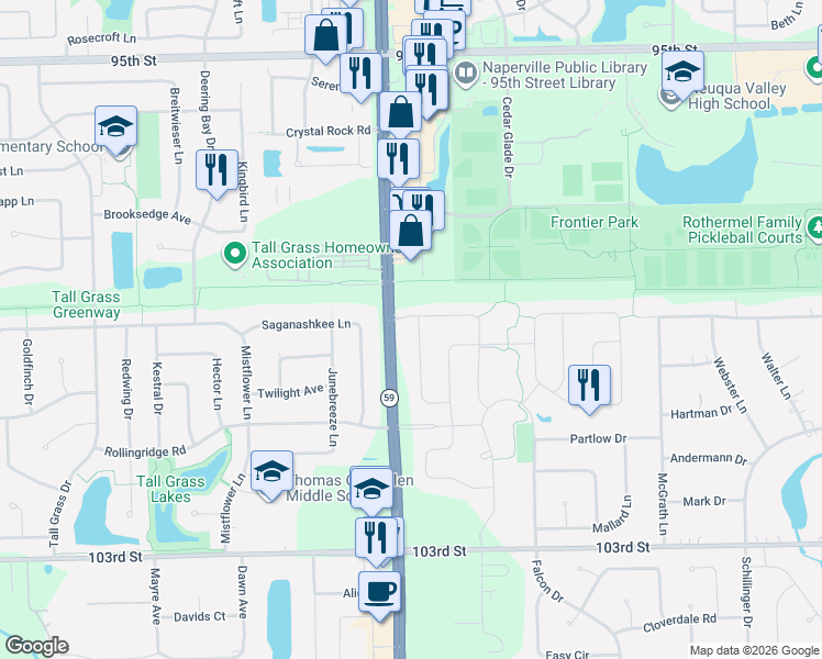 map of restaurants, bars, coffee shops, grocery stores, and more near 9907-10099 Highway 59 in Naperville