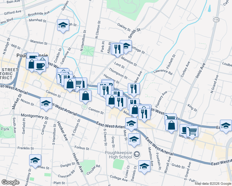 map of restaurants, bars, coffee shops, grocery stores, and more near 33 Rose Street in Poughkeepsie