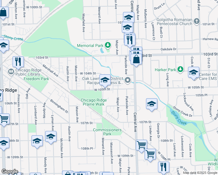 map of restaurants, bars, coffee shops, grocery stores, and more near 10445 Massasoit Avenue in Oak Lawn