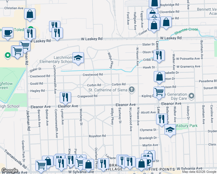 map of restaurants, bars, coffee shops, grocery stores, and more near 4538 Ruxton Road in Toledo