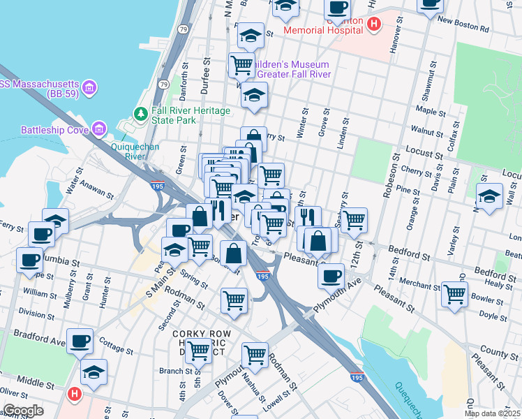 map of restaurants, bars, coffee shops, grocery stores, and more near 158 Bedford Street in Fall River