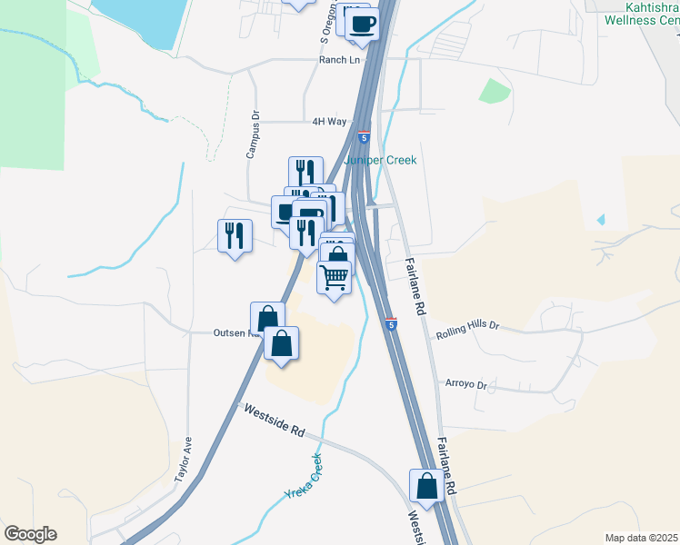 map of restaurants, bars, coffee shops, grocery stores, and more near 1810 Fort Jones Road in Yreka