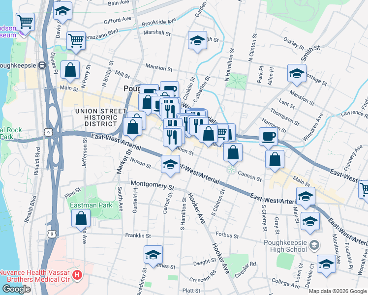 map of restaurants, bars, coffee shops, grocery stores, and more near 29 Academy Street in Poughkeepsie