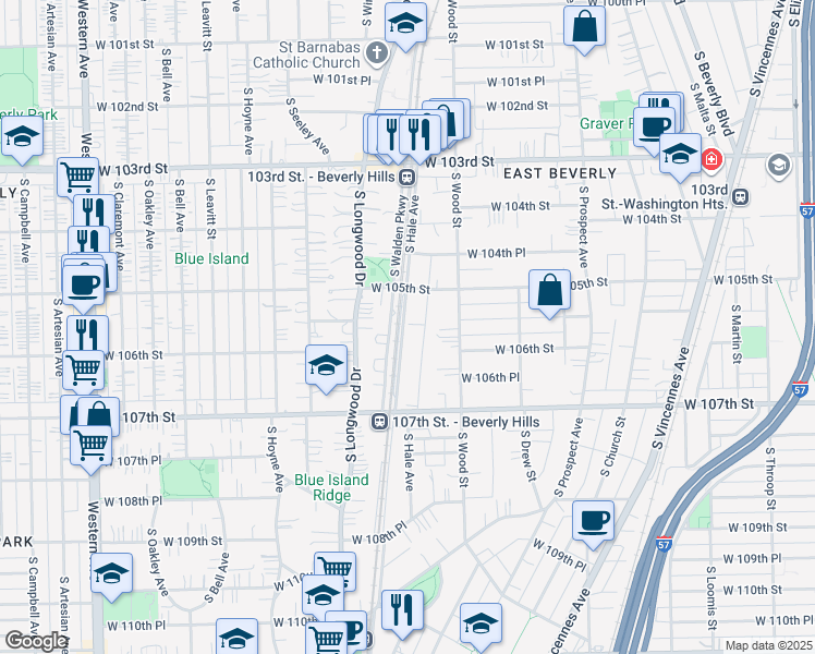 map of restaurants, bars, coffee shops, grocery stores, and more near 10557 South Hale Avenue in Chicago