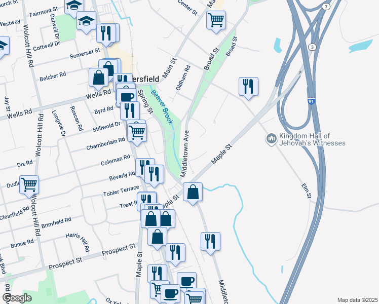 map of restaurants, bars, coffee shops, grocery stores, and more near 54 Middletown Avenue in Wethersfield