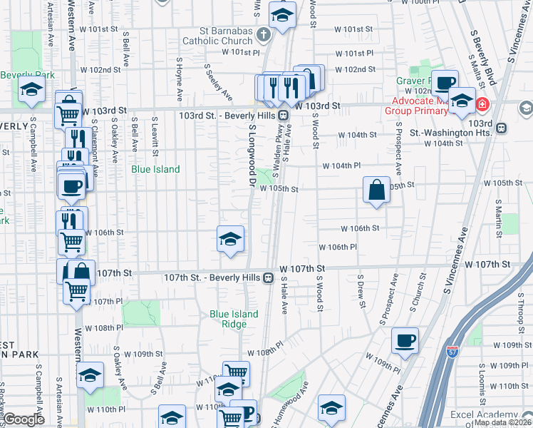 map of restaurants, bars, coffee shops, grocery stores, and more near 10547 South Longwood Drive in Chicago