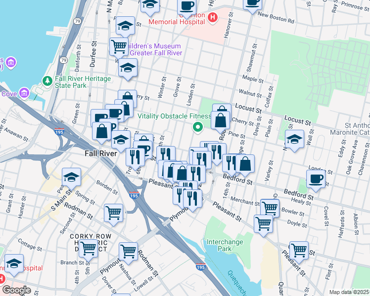 map of restaurants, bars, coffee shops, grocery stores, and more near 530 Bank Street in Fall River