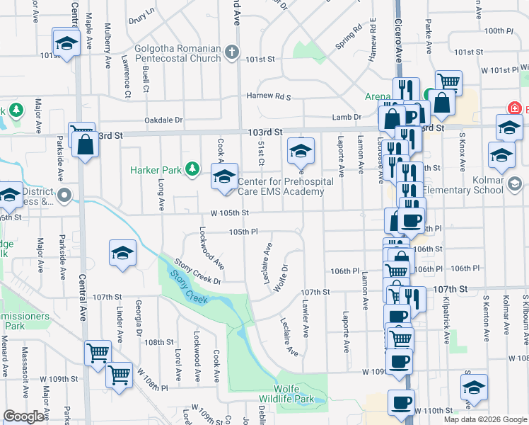 map of restaurants, bars, coffee shops, grocery stores, and more near 5141 105th Street in Oak Lawn
