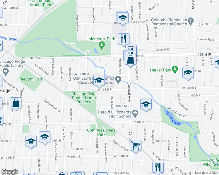 map of restaurants, bars, coffee shops, grocery stores, and more near 5644 West 105th Street in Oak Lawn