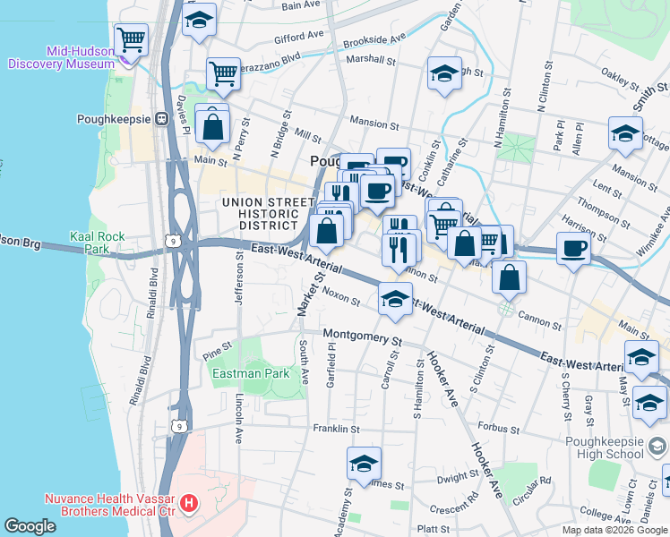 map of restaurants, bars, coffee shops, grocery stores, and more near 170 Church Street in Poughkeepsie