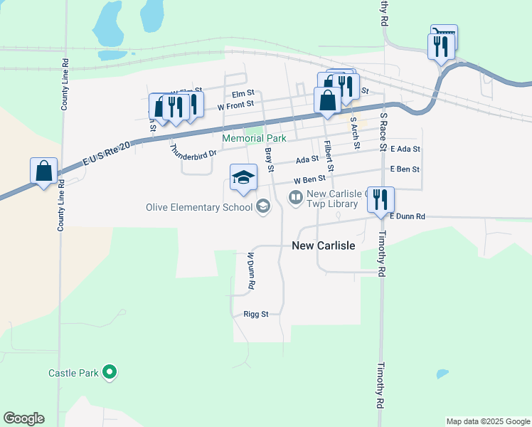 map of restaurants, bars, coffee shops, grocery stores, and more near 300 West Ben Street in New Carlisle