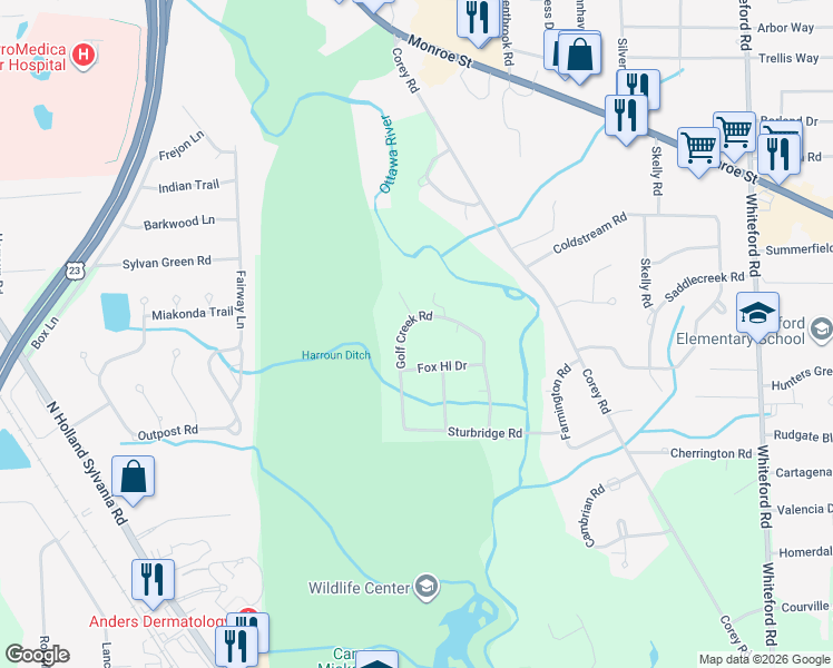 map of restaurants, bars, coffee shops, grocery stores, and more near 5602 Fox Hill Road in Toledo